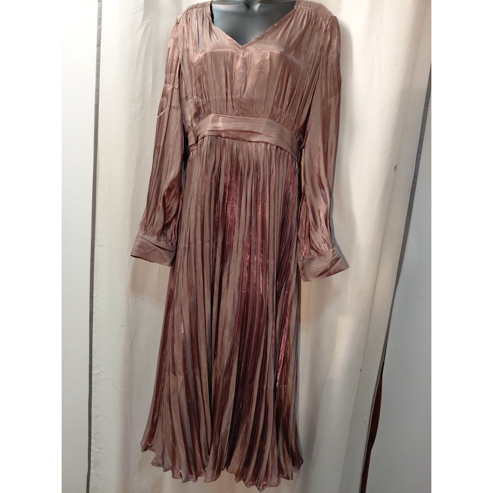 By The River Anthropologie Brown Satin Pleated Sheer Sleeve  Lined Midi  Dress